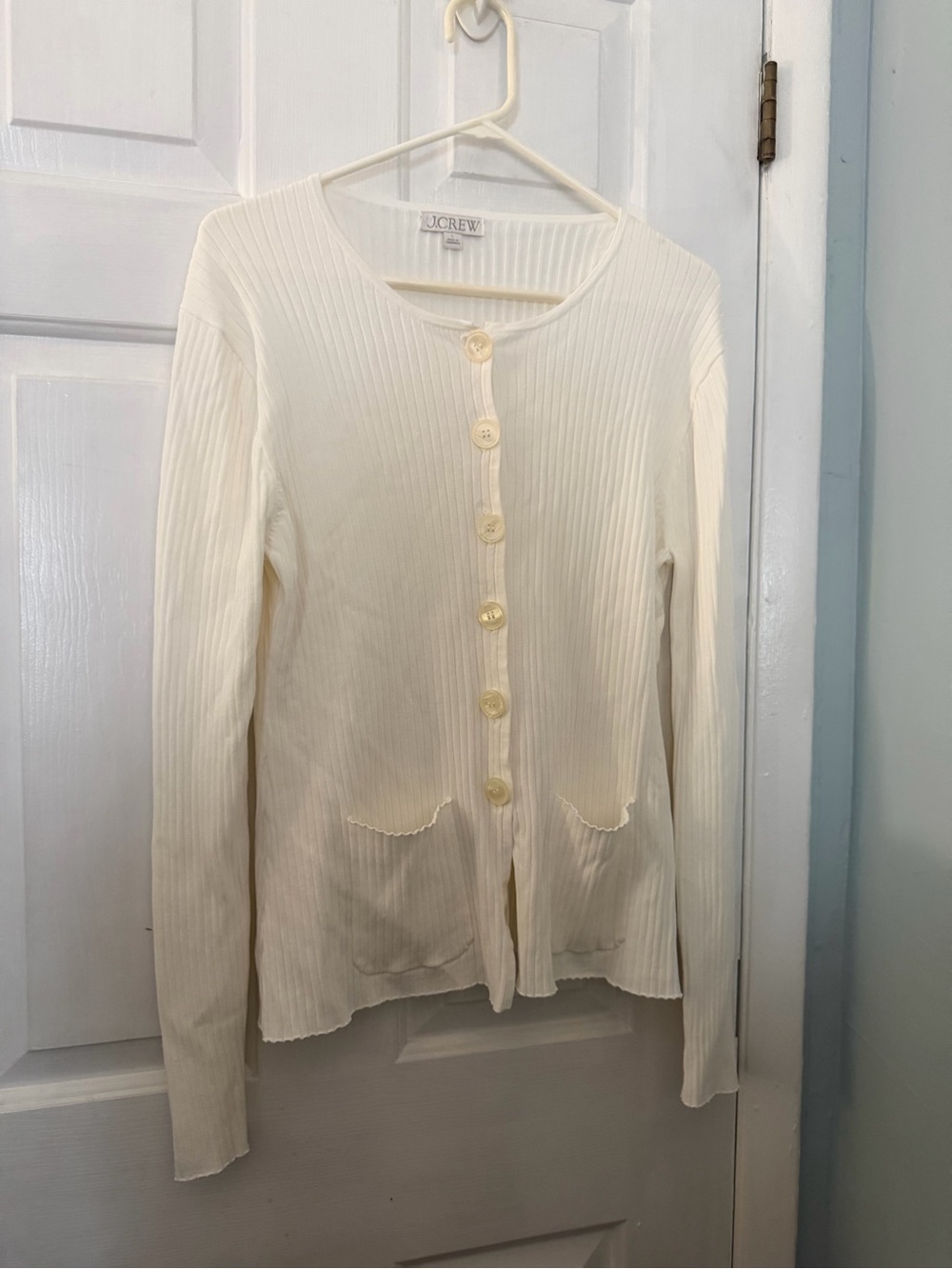 J.Crew Women’s Ivory Ribbed Knit Button Front Pocket Cardigan L